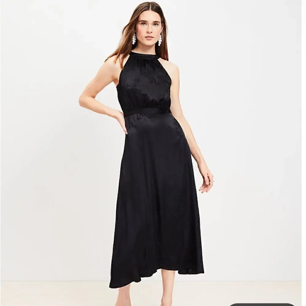 LOFT Jacquard Halter Midi Dress NWT sz16 Black - Picture 1 of 3